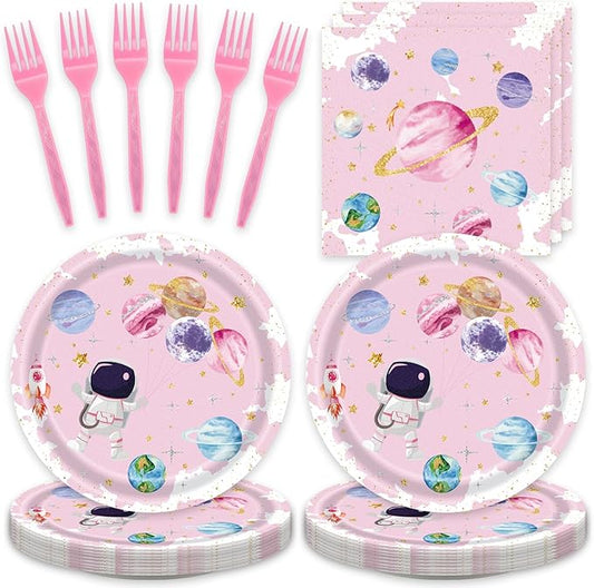 48pcs Pink Space Party Decoration Set,16 Dessert plate,16 Napkin And 16 Fork,16 persons Disposable tableware,Used Galaxy Space Planet Astronauts Birthday Party Supplies (Multicolor 18)