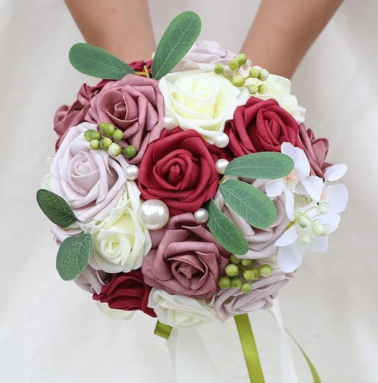 Lightweight Bridal Wedding Bouquet Round Holding Bouquet Throw Toss Artificial Rose Flower Bunch for Bride Bridesmaid Wedding Quinceanera (Cream, Smoky Rose, Light Taro & Burgundy, 6.7")