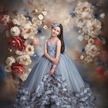 Mocsicka Abstract Floral Backdrop for Photography Retro Blue and Brown Spring Watercolor Painting Floral Background Newborn Baby Shower Princess Girls Portrait Decoration Backdrop (10x8ft)