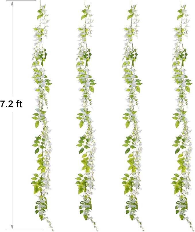 Lvydec Wisteria Artificial Flowers Garland, 4Pcs Total 28.8ft White Artificial Wisteria Vine Silk Hanging Flower for Home Garden Outdoor Ceremony Wedding Arch Floral Decor