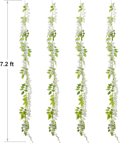 Lvydec Wisteria Artificial Flowers Garland, 4Pcs Total 28.8ft White Artificial Wisteria Vine Silk Hanging Flower for Home Garden Outdoor Ceremony Wedding Arch Floral Decor