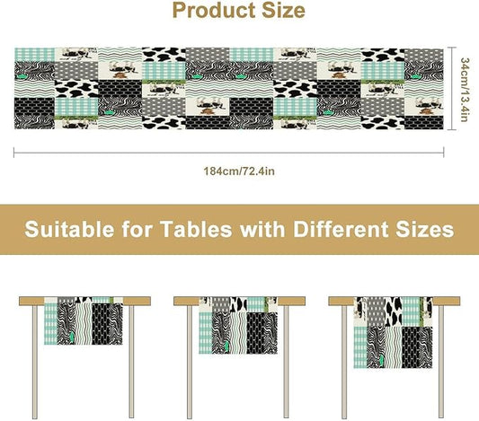 Cute Cow Print Table Runner,Farm Animals Honeycomb Plaid Stripes Cowhide Pattern Tablecloth Burlap for Hotel Indoors Outdoor Dining Room Kitchen Table Decor, 13x70in