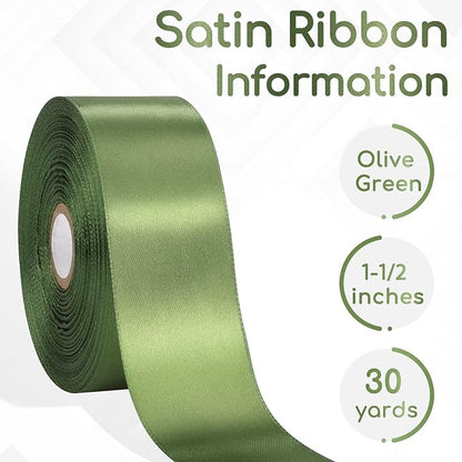 30 Yards Olive Green Ribbon 1-1/2 Inch, Olive Green Satin Ribbon for Gift Wrapping, Flower Bouquet, Crafts, Baby Shower, Christmas, Wedding and Bow Making