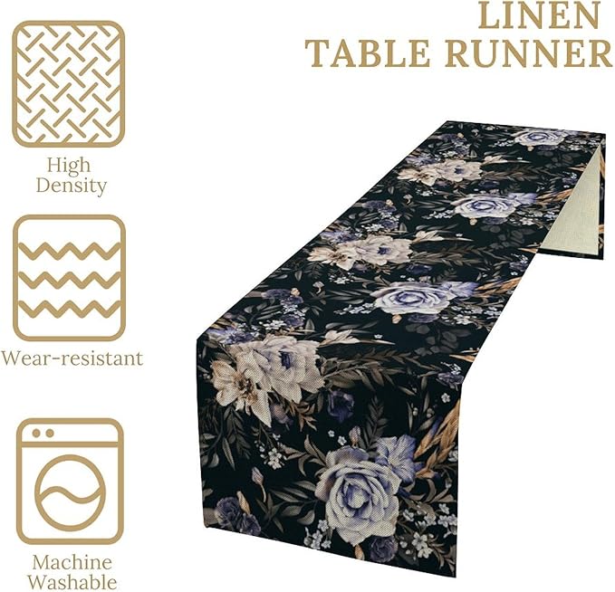 Dark Botanical Table Runner, Gothic Vintage Purple Garden Flowers Herbs Print Print Table Cover for Kitchen Dining Home Decor Wreath Party Decoration, 13x108inch