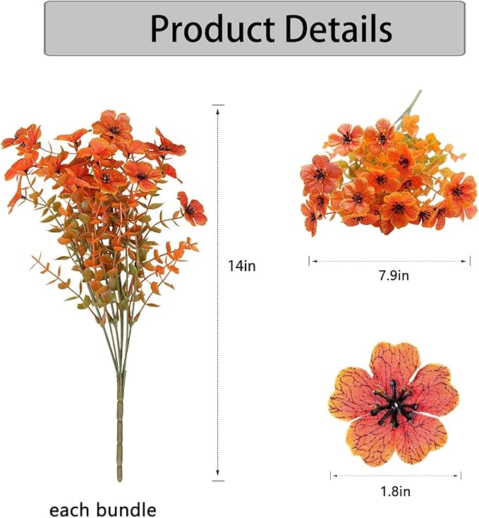 10 Bunch Artificial Fall Fake Flowers Bouquet with Plastic Plants Eucalyptus Faux Flowers for Outdoors Decoration,Home Decor,Vase Arrangements,Thanksgiving Gift, (Orange-Yellow)