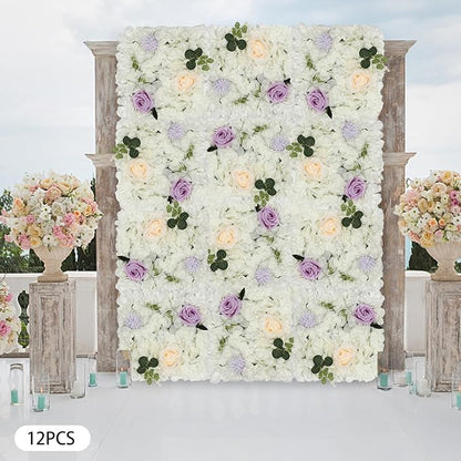 DouSeiAi 12Pcs Artificial Flower Wall Panel 3D Floral Backdrop Wall 15" X 15" Flower Walls Decor Flower Backdrop Faux Flowers Panel for Wedding Party Home Decoration, White/Purple
