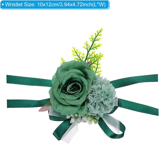 PATIKIL Artificial Wrist Corsage for Prom, Artificial Flower Wrist Corsages Band Rose Wrist Corsage Wristlet Hand Decor for Wedding Prom Party Accessory - 2 Pack (Dark Green)