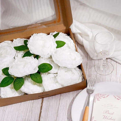 16PCS White Peonies Artificial Flowers for Wedding Bouquet Bridal Shower Decorations,White Flowers Artificial for Party Table Centerpieces,Faux Flower with Stem for Home Decor