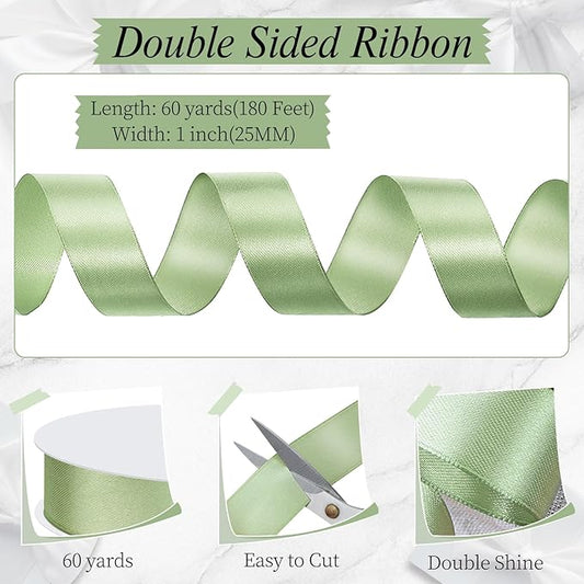 Sage Green Ribbon 1 Inch 60 Yards Double-Sided Fabric Light Green Satin Ribbon for Gift Bags Baskets Dorm Room Decor Wedding Gift Wrapping Cake Hair Bows Handmade Project