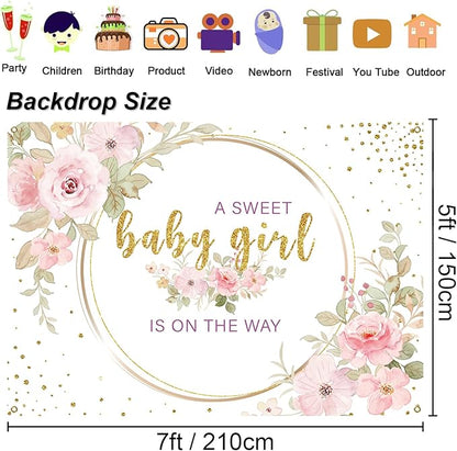 Sweet Baby Girl is On The Way Backdrop - 7x5ft Pink Floral Baby Shower Banner for Girl, Watercolor Gold Glitter Party Decorations, Gender Reveal Newborn Welcome Photo Booth Background