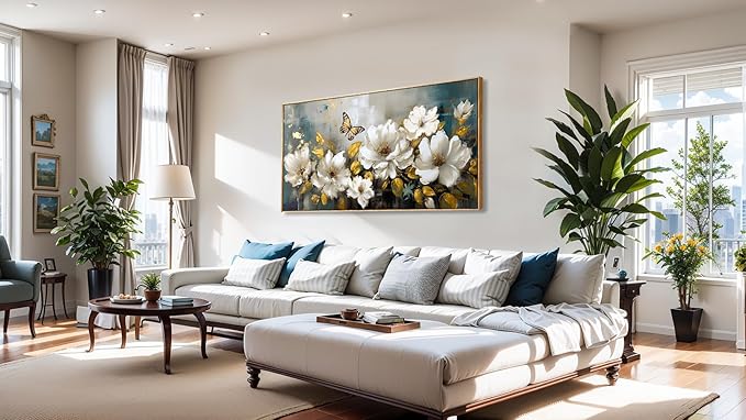 Wall Art Modern Flower Artwork Paintings White Blossom Gold Leaf Butterfly Landscape Picture wall Decor for Living Room Bedroom Kitchen 40"x79" with Framed