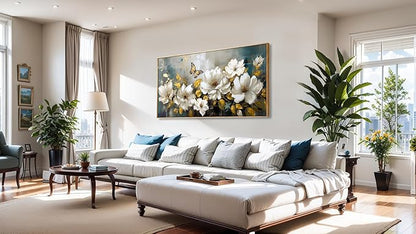 Wall Art Modern Flower Artwork Paintings White Blossom Gold Leaf Butterfly Landscape Picture wall Decor for Living Room Bedroom Kitchen 20"x40" with Framed