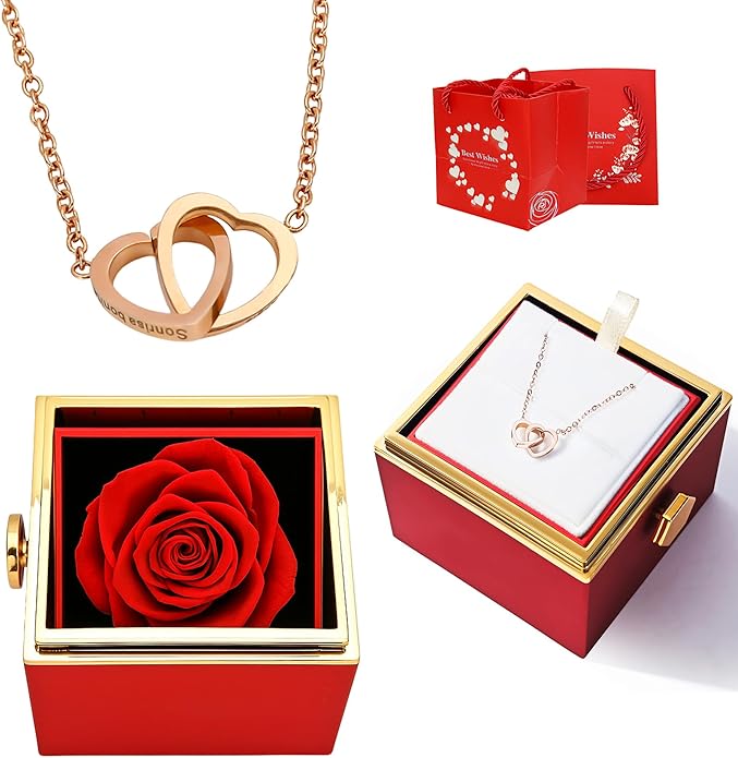‌TINGKU Eternal Real Rose Gift Box for Women, Preserved Rose with Customized Name Engraved Heart Necklace, Personalized Romantic Gift for Wife, Girlfriend, Mom, Mother's Day Love Keepsake