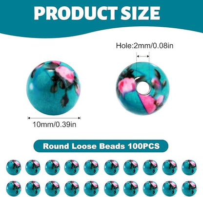 100 PCS 10mm Resin Beads Bulk for Bracelet Making Kit, Pink Flower Printed Round Loose Beads for Jewelry Earring Necklace Rings Art Craft DIY Projects