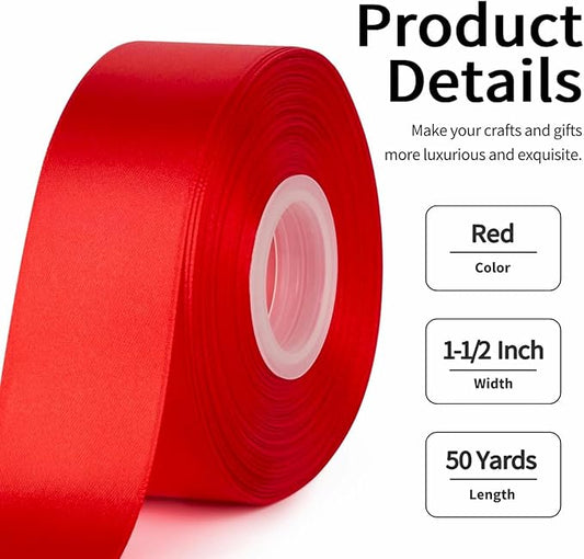 1-1/2 Inch Wide Red Satin Ribbon, 50 Yards Solid Polyester Fabric Ribbon for Roses Making, Gift Wrapping, Christmas, Wedding Decorations, Crafts, Bows