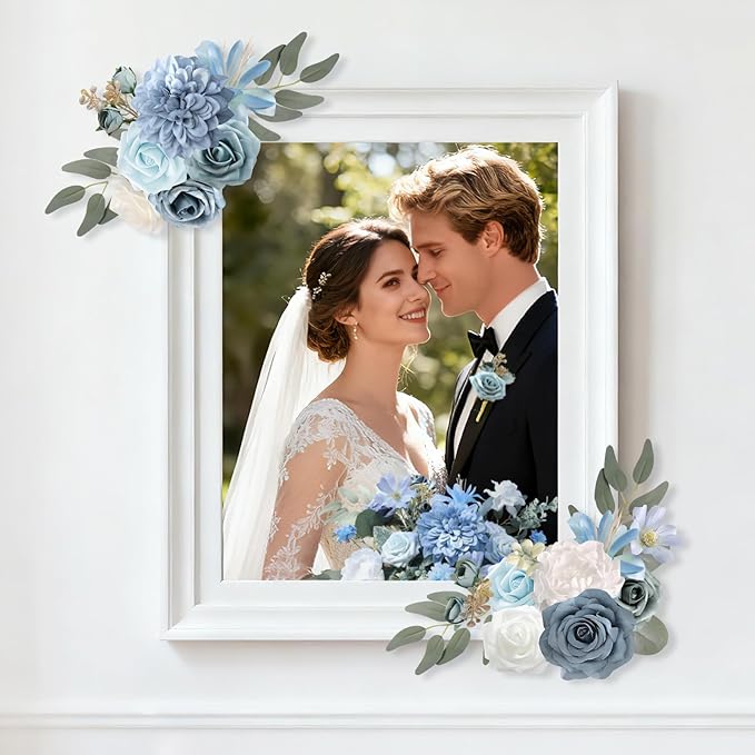 Blue Artificial Flowers Combo Set Fake Flower Leaf Box with Stemst for DIY Wedding Bridal Bouquet, Centerpieces, Home Decor, Floral Arrangement Decor(Blue)