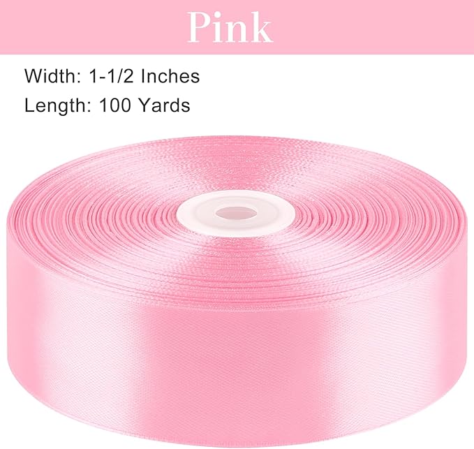 1-1/2 Inches 100 Yards Pink Satin Ribbon, Solid Fabric Ribbon Roll for Flower Bouquets, Gift Wrapping, Wedding, Handmade Crafts