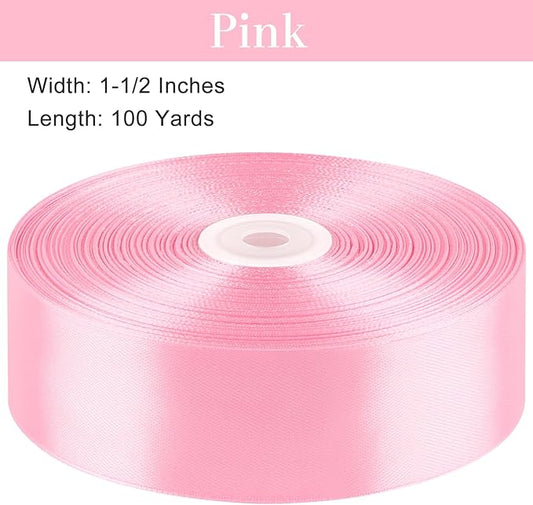1-1/2 Inches 100 Yards Pink Satin Ribbon, Solid Fabric Ribbon Roll for Flower Bouquets, Gift Wrapping, Wedding, Handmade Crafts