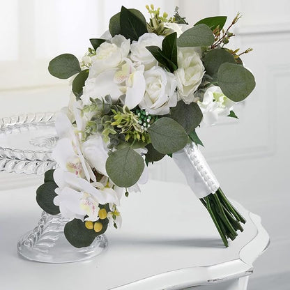 Artificial Bridal Bouquet, 11 Inch White Artificial Wedding Bouquets for Bride Bridal Bouquet Bridesmaid Bouquet Tossing Bouquet for Wedding Ceremony and Anniversary(White)