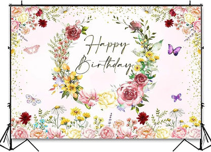 InMemory Spring Wildflower Backdrop Wild flower Birthday Decorations for Girl,Watercolor Butterfly Floral Happy Birthday Banner Background for Wildflower 1st Bday Party Supplies Photobooth Props 6x4ft