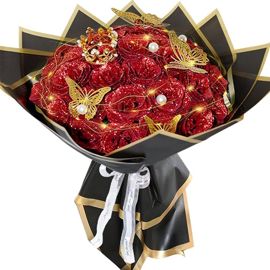 Red Glitter Roses Bouquet, 36 Pcs Shiny Glitter Flowers Bouquet, Everlasting DIY Artificial Roses Bouquet for Christmas, Birthday, Anniversary, Wedding, Engagement