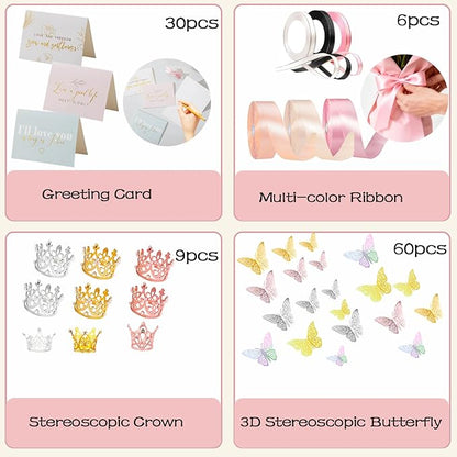 DNSGOOR 548Pcs Flower Wrapping Paper Kit with 200Sheets Double Sided Color Waterproof Bouquet Wrapping Paper Decor Crowns 3D Butterfly Bouquet Pins Ribbons for Valentines Graduation Birthday Party