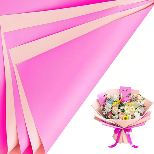 LeZakaa 20 Sheets Flower Wrapping Paper, Waterproof Reversible Floral Bouquet Paper, Hot Pink Light Pink Design for Valentines, Mothers Day, Party, Birthday, Wedding, Bridal Shower, Baby Shower