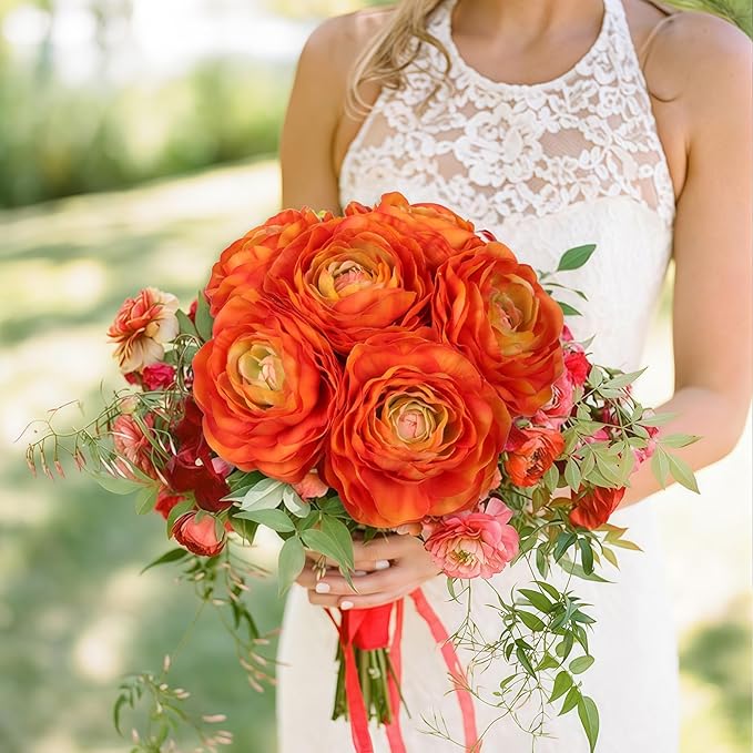 6PCS Orange Ranunculus Artificial Flowers Real Touch Peonies Silk Ranunculus Flowers with Stems for DIY Wedding Bouquet Party Table Home Decor(Orange)
