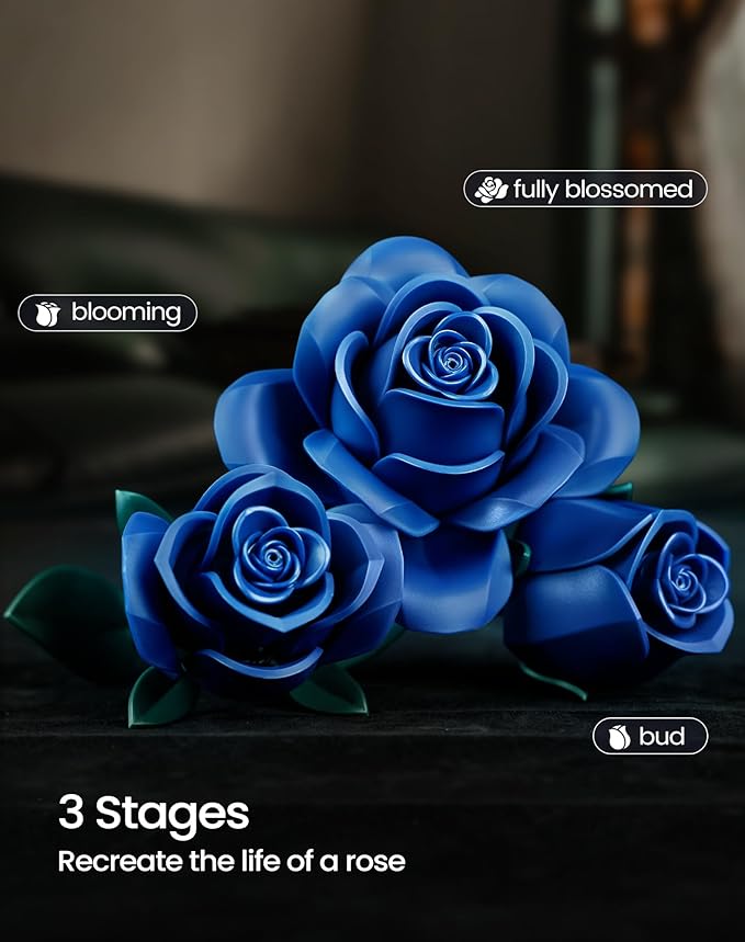 iATOM Blue Rose Bouquet Building Set, Gift for Christmas, Artificial Flowers Botanical Collection for Adults - Gothic Home Office Table Centerpiece Retro Decor - IA11007