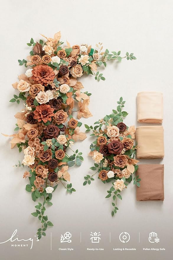 Ling's Moment Deluxe Wedding Arch Flowers with Sheer Drapes Kit - Artificial Walnut Brown Floral Arrangements for Ceremony Backdrop, Garden Arbor Decor, 5-Piece Set (2 Flower Stems + 3 Hanging Drapes)
