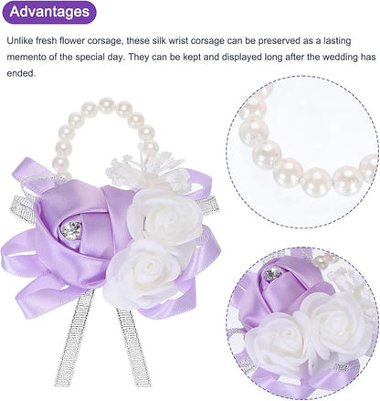 MECCANIXITY 3Pcs Wrist Corsage Artificial Flower Bracelets Rose Wrist Bride Groom Decorative for Wedding Ceremony Prom Party Anniversary Light Purple