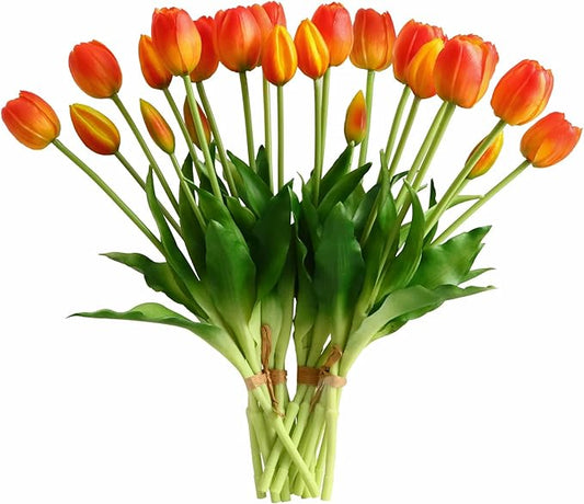 Artificial Flowers 20pcs Fake Tulips Real Touch, Faux Latex Tulips Flowers with Gift Box Soft Faux Tulips Bouquets Arrangements for Party Wedding Home Room Decoration(Orange)