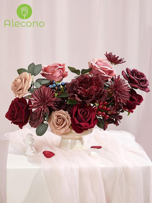Alecono Artificial Flowers, Burgundy Silk Fake Flowers for DIY Wedding Bridal Bouquets, Red Cake Flowers for Wedding Table Centerpieces Birthday Party Home Decorations