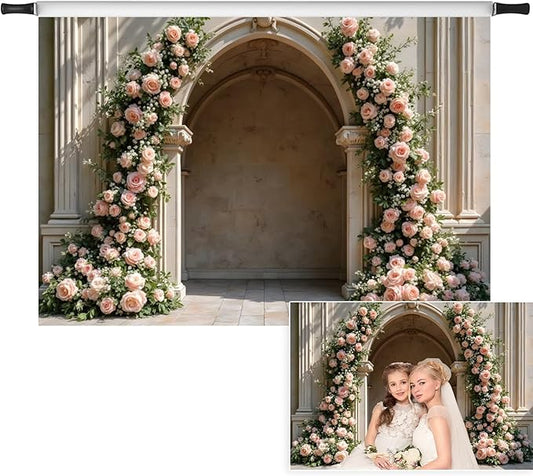 7x5ft Retro Pink Roses Flowers Backdrop Spring Blooming Floral Arch Old Palace Wall Background for Wedding Mothers Day Valentines Day Bridal Birthday Princess Couples Women Portraits