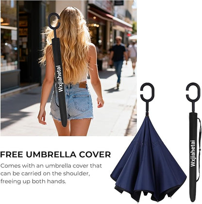 Inverted Umbrella, 49 Inch Double-Layer Vented Reverse Umbrella, Windproof Waterproof UV Protection, Lightweight C-Handle, Fiberglass Ribs, Steel Shaft, Travel/Commute/Car Use, With Sleeve