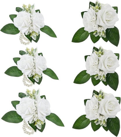 Meldel Prom Wrist Corsage and Boutonniere Set for Wedding, White Rose Boutonniere for Men Wedding, Wrist Flower for Bride Bridesmaid, Hand Flower for Wedding Ceremony Anniversary, Party, Homecoming