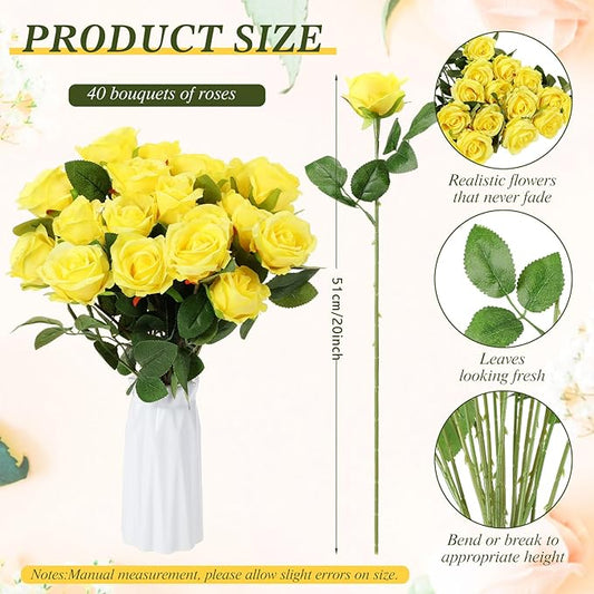 Hotop 40 Pcs Rose Artificial Flowers Bulk with Long Stem,Realistic Silk Fake Roses Bouquet for Home Wedding Centerpieces Party Table Decoration Valentines Gifts(Yellow)