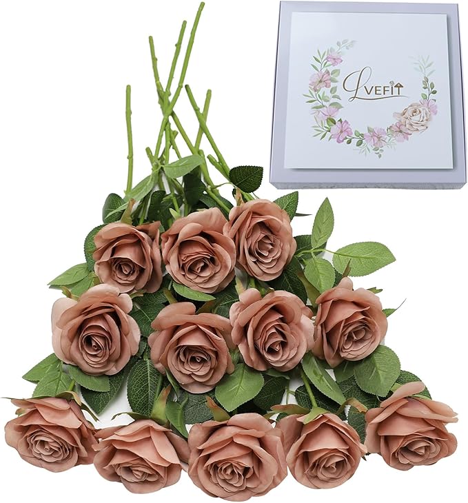 Artificial Rose Flower Artificial Flowers Flower with Long Stem Silk Roses Bouquet for Wedding Bridal Shower Party Home Decoration (Dusty Rose, 12 Pcs)