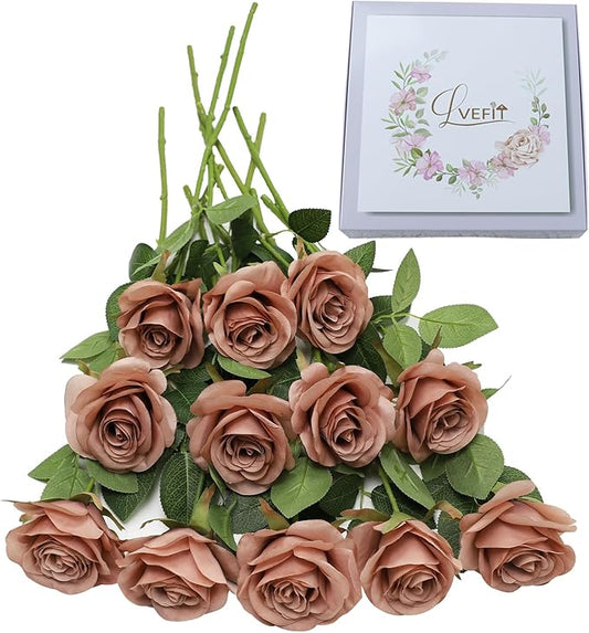 Artificial Rose Flower Artificial Flowers Flower with Long Stem Silk Roses Bouquet for Wedding Bridal Shower Party Home Decoration (Dusty Rose, 12 Pcs)