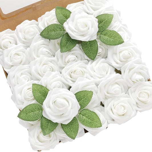 DerBlue 60pcs Artificial Roses Flowers with stem and 10pcs Green Leaves Real Looking Fake Roses Artificial Foam Roses Decoration DIY for Wedding,Arrangements Party Home Decorations