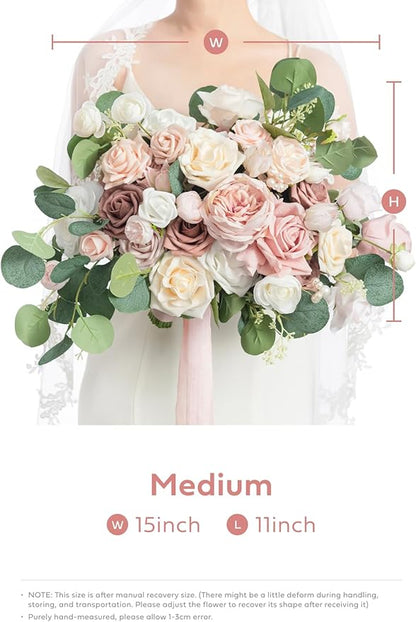 Ling's moment Pink Wedding Bouquets for Bride, Dusty Rose Bridal Bouquets for Bride, 15 Inch Free Form Artificial Wedding Flowers Bouquets