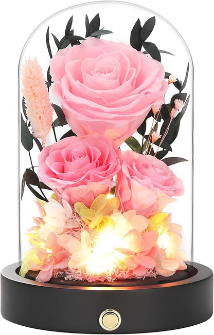 Preserved Flowers in Glass Dome, Christmas Pink Flowers for Delivery Prime, Forever Roses Valentines Day Anniversary Mothers Day Birthday Gifts for Mom Women Wife Girlfriend
