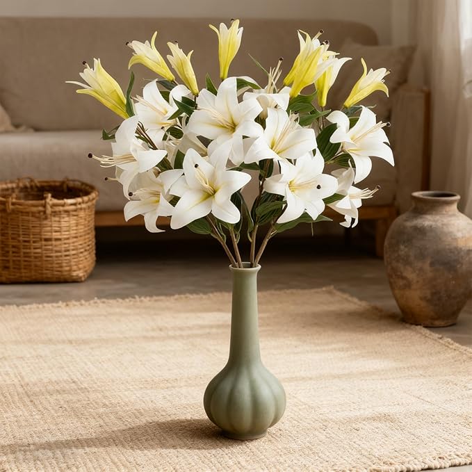 2PCS 37.7Inch White Artificial Lily Flowers With 10 Heads Lilies Faux Flowers for Floor Vase Wedding Home Party Indoor Table Hotel Office Vases Floral Arrangements Outdoor Party Garden Decor(White)