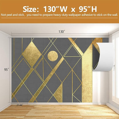 Geometric Mural Wallpaper Gray and Gold Wall Murals for Living Room or Office Decor（Not Peel and Stick）