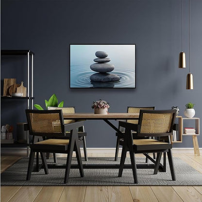 Zen wall art Harmonious grey stones stacked on a calm surface of water Serene Zen decor suitable for tranquil homes and spaces of meditation 20x30in Metal blackFramed
