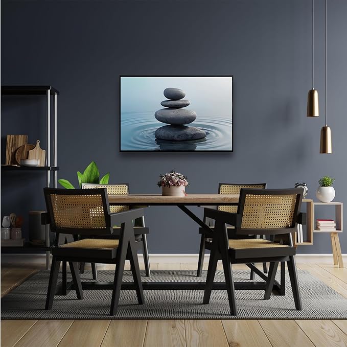 Zen wall art Harmonious grey stones stacked on a calm surface of water Serene Zen decor suitable for tranquil homes and spaces of meditation 8x12in Metal blackFramed