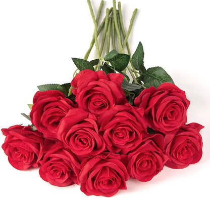 Flojery 10pcs Red Silk Roses Artificial Rose Flowers Long Stem for DIY Wedding Bouquet Table Centerpiece Home Décor