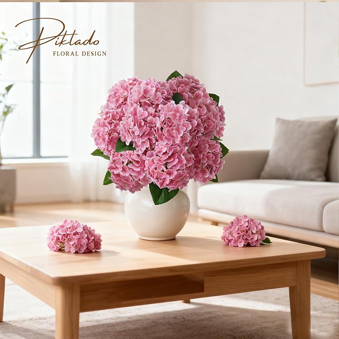 A Bunch 21in, Real Touch Hydrangea Artificial Flowers，,with 5pcs Flower Head 10pcs Leaves, Faux Hydrangea Flowers for Home Office Decor Wedding Party Arrangements (1, Pink)