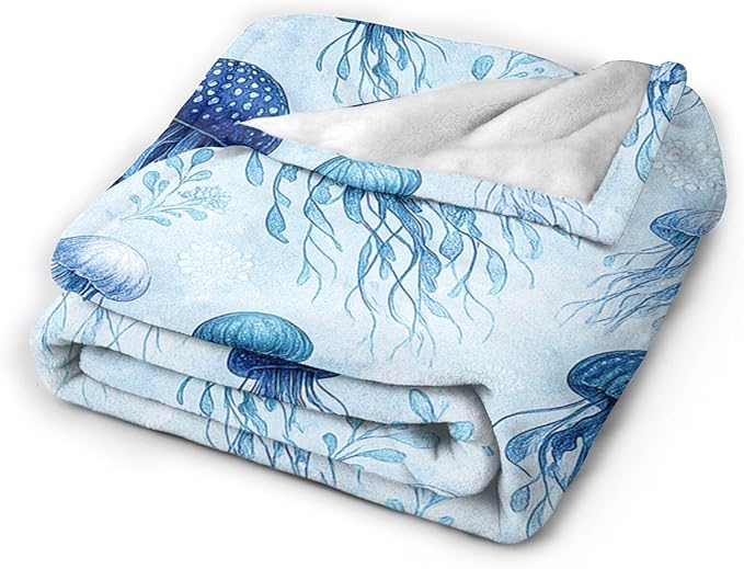 Jellyfish Blanket Marine Life Throw Blanket Blue Ocean Sea Soft Cozy Fleece Sealife Fuzzy Stuffed Plush Animal Flannel Gifts for Girls Women Boys Kids Adults 60"X80"
