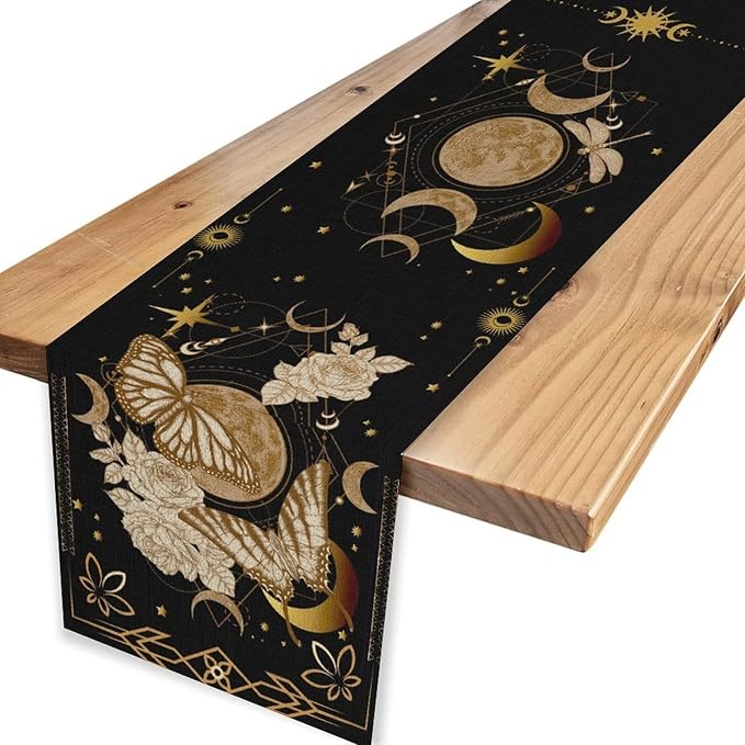Gothic Moth Table Runner, Boho Floral Gothic Sun Moon Phase Mystical Witchy Starlight Coffee Table Center Decor for Home Kitchen Dining Patio Holiday Party Table Decorations 13x108 inches